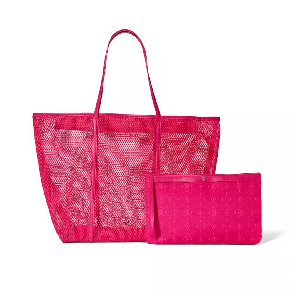 Victoria's Secret Bright Pink Mesh Tote with Matching Pouch